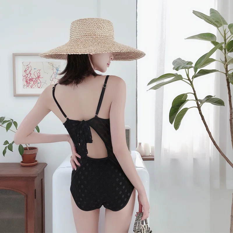 

Swimming Suit Women's One-piece Conservative Belly Covering Slimming Sexy Black Lace Veils Two-Piece Set South Korea Push up Hot