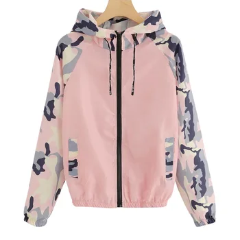 

Thin Summer Windbreak Jacket Camo Print Fashion Women Hoodie Jacket Zip Up Casual Mujer Chaqueta Hoodies Coat Lady Bomber Jacket