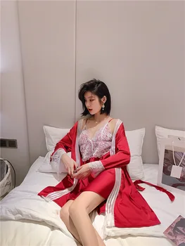 

2pcs Spring And Summer Sexy Luxury Princess With Chest Pad Imitation Silk Pajamas Women Suspenders Nightdress Nightgown