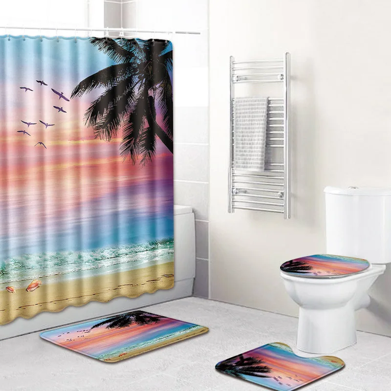 

Landscape Print Shower Curtain Polyester Waterproof Pedestal Rug Lid Toilet Cover Mat Anti-slip Bath Mat Home Bathroom Decor