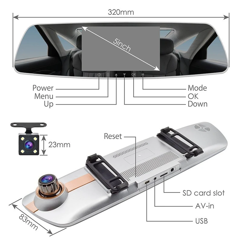 Зеркало Dash Cam 5 дюймов Ips пресс-экран, 1080P двойной объектив Dash Cam 170 градусов широкоугольная Передняя Автомобильная камера и камера заднего вида W