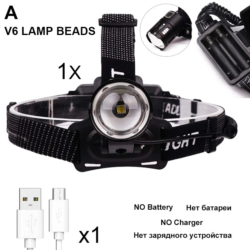 Светодиодный налобный фонарь XHP70.2, мощная фара с высокими люменами, USB перезаряжаемая, масштабируемая, водонепроницаемая, для кемпинга, супер яркая фара - Испускаемый цвет: V6-NO Battery