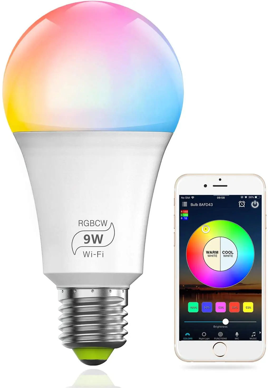 

Fccemc Smart Light Bulbs Works with Alexa Echo Google Home and Siri, WiFi Dimmable Color Changing LED Lights Bulbs, A19 E27 9w