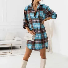 Women's autumn street tops shirts| retro large plaid loose shirt tops| women's casual dresses