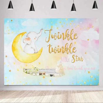 

Elephant Baby Shower Backdrop for Photography Twinkle Twinkle Little Star Background for Photo Studio Moon Rainbow Colorful Sky