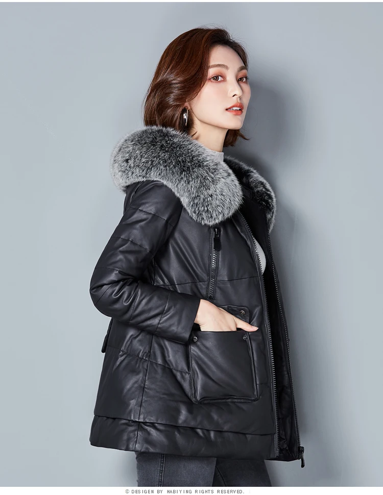 Sheepskin Coat Female Streetweat Raccoon Fox Fur Hooded Duck Down Genuine Leather Jacket Women Real Leather Coats Hiver 315