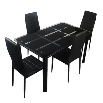 

Rectangle Tempered Glass Dining Table with Nine Block Box Pattern Black and 4pcs Elegant Assembled Stripping Texture High Backre