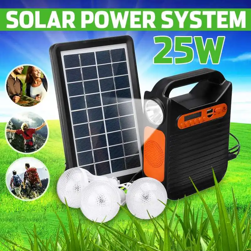 

bluetooth Solar Power Panel Generator Kit USB Charger Home System+3 LED Bulbs +MP3 Radio Emergency Indoor Outdoor Lighting