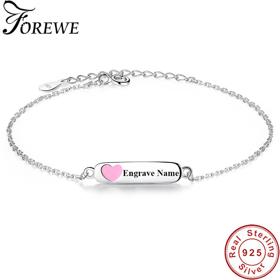 Заказная заготовка для подвески с гравировкой имени браслет 925 пробы серебряный розовый сердце цепи браслеты для детей Дети девушки Персонализированные ювелирные изделия