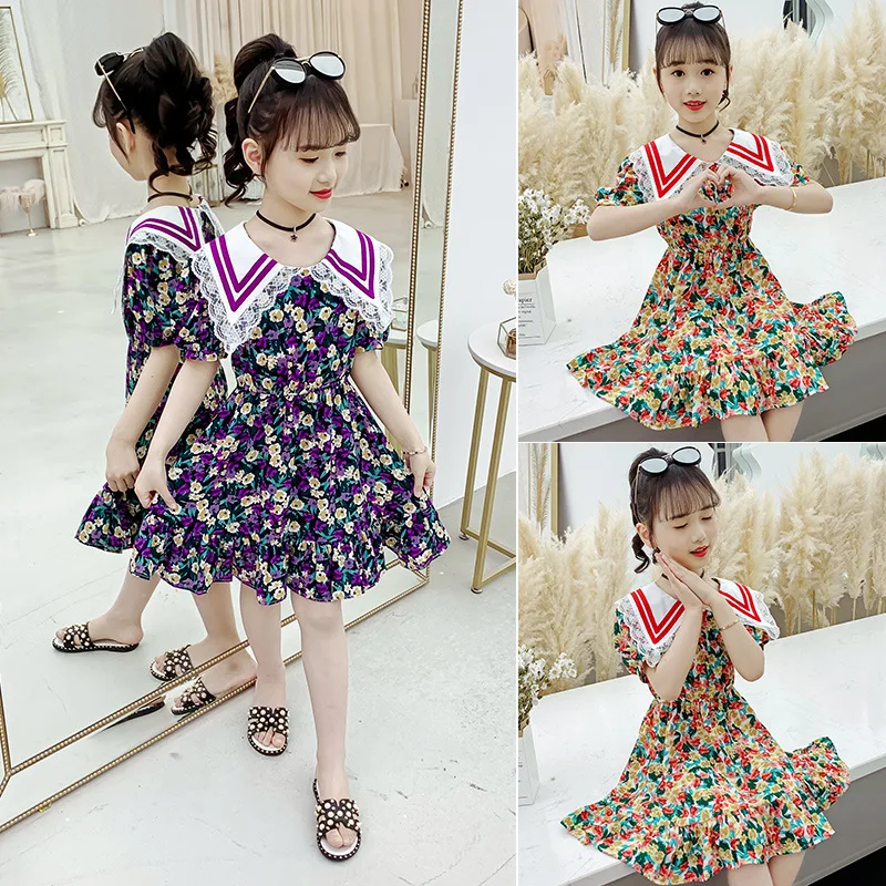 

2020 New Fashionable tong qun Girls Summer duan xiu qun zhong da tong Children hai jun ling Floral Dress