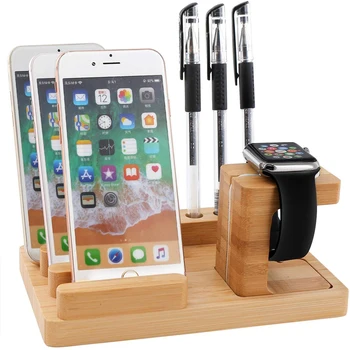 

Bamboo Docking Station For Watch Stand 3 in 1 Wooden Desktop Organizer Charging Stations for Multiple Devices Phone Tablet Pen