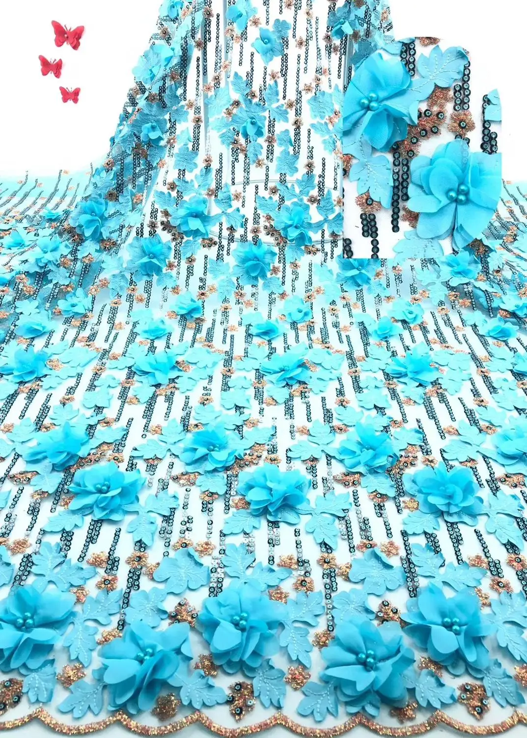

light blue heavy bead lace fabric, 3D lace fabric with pearls, sequined 3d flower fabric, heavy embroidered flower fabric