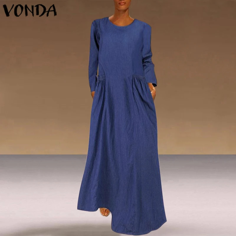 VONDA/осеннее однотонное платье с длинным рукавом размера плюс, богемные вечерние платья макси, повседневное пляжное платье с круглым вырезом, Femme Robe 5XL Vestidos