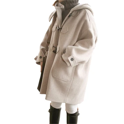 Luzuzi роговой пряжкой шерстяное пальто для женщин осень и зима Свободное длинное шерстяное пальто с капюшоном женские зимние шерстяные теплые утепленные куртки - Цвет: khaki woolen coat