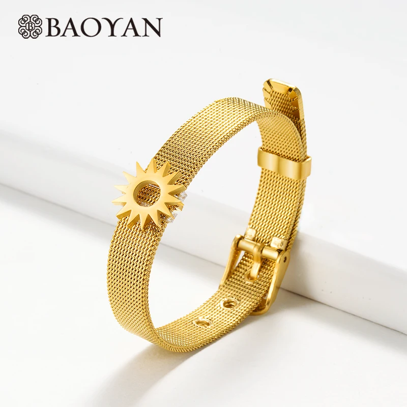 BAOYAN браслет с шармом из нержавеющей стали, золото, серебро, Регулируемый Браслет-манжета, простой титановый сетчатый Браслет для женщин