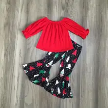 Одежда для маленьких девочек; рождественские наряды для девочек; Однотонный красный топ с рисунком дерева; брюки-колокольчики; Изысканная одежда для девочек