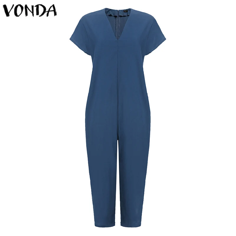 VONDA 3/4 длина Комбинезоны Женский комбинезон с коротким рукавом цельные штаны до середины икры комбинезоны Pantalon Femme размера плюс 5XL - Цвет: Синий