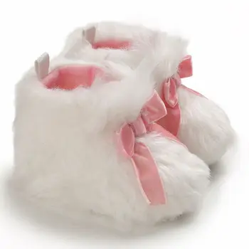 

0-1Y Newborn Baby Boy Girl White Snow Boots Toddler Crib Shoes Soft Bottom Cotton Shoes Velvet Plush Lining Prewalkers Pink Bow