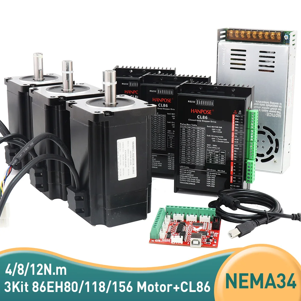 

3 Kit 12N 8N 4N cnc nema 34 closed loop Servo Stepper Motor with Driver CL86 48V Power Supply+ MACH3 Interface board cable