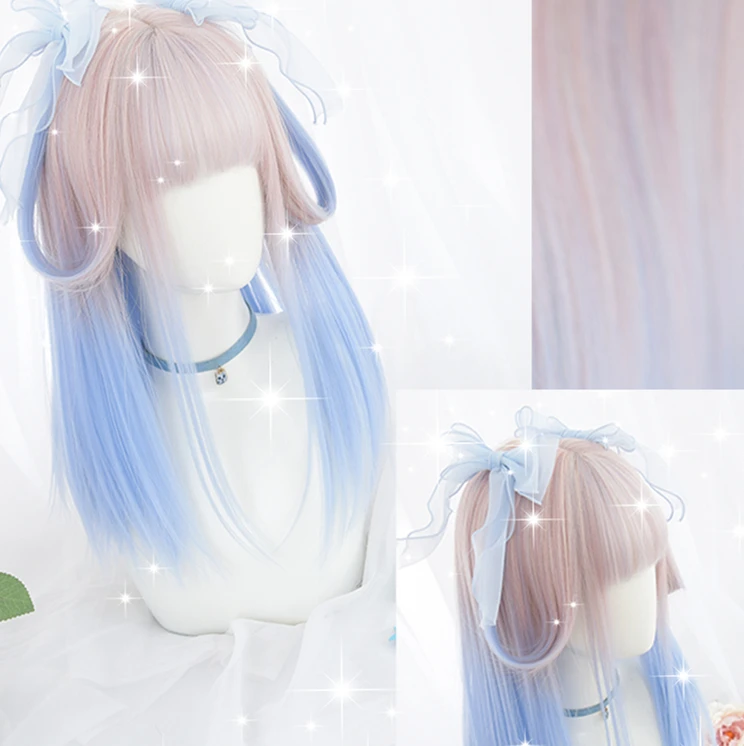 

Gradient ramp Champagne Blue lolita Cosplay Wig Girl Hairpiece Blunt Bangs Straight hair Pigtail Hair Periwig only no Ribbon