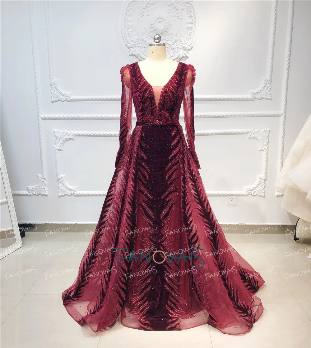 Бургундские вечерние платья с длинными рукавами ручной работы, украшенные бисером, платье для выпускного вечера, Дубай, вечернее бархатное платье, Vestido de Fiesta