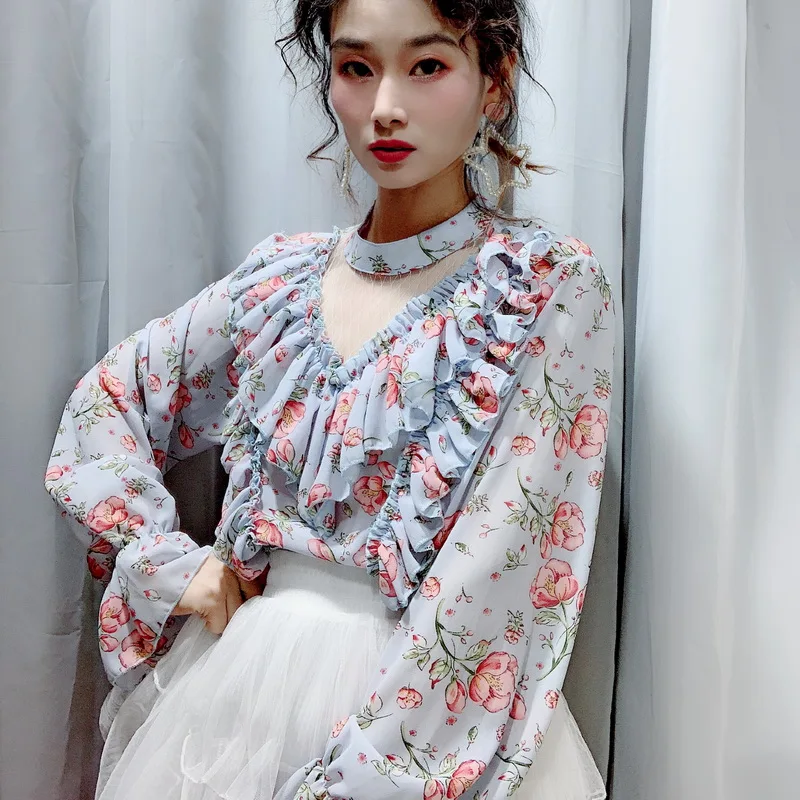 JuneLove, Весенняя женская цветочная Элегантная блузка, винтажная, женская, с рукавом-бабочкой, открытая рубашка, Повседневная, женская, с принтом, бохо, блузка, Топ - Цвет: B1