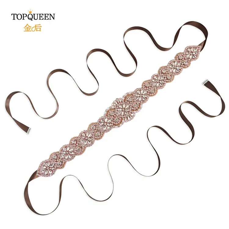 TOPQUEEN, S161B-RG, розовое золото, свадебный пояс, стразы, бисер, пояс, стразы, пояс для свадебного платья, свадебный пояс - Цвет: brown