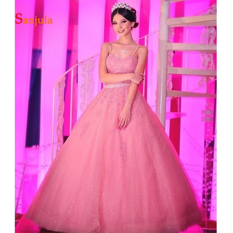 На тонких бретелях розовые платья Quinceanera бальное платье Блестящий бисера Кружева Девушки 16 День рождения платья vestido de 15 anos D1192