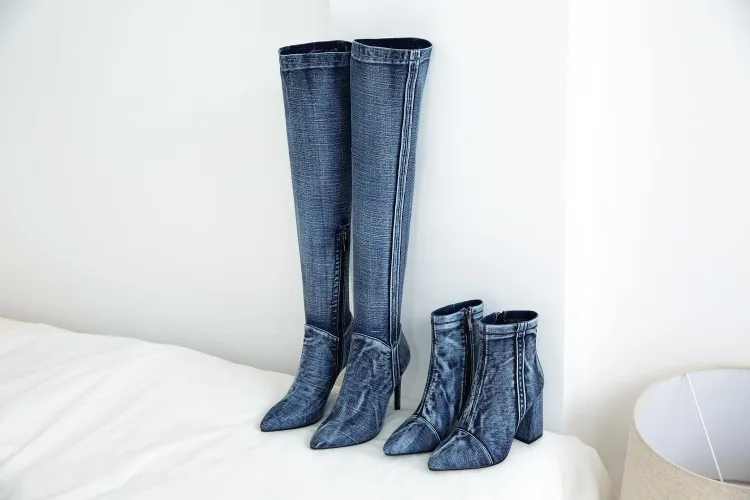 Womens Denim Jeans Over The Knee Thigh& Ankle Boots Stilettos High Heel Pointed Toe Side Zipper Shoes Punk Motorcycle New