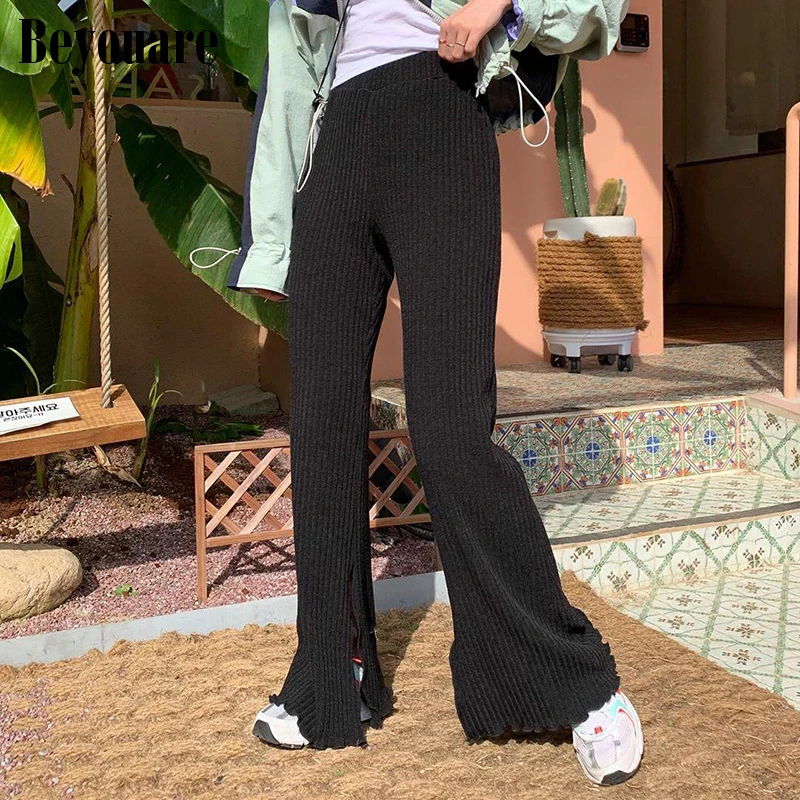 

Beyouare Elegant Stripe Flare Pant Black Split Elastic Waist Women Trousers 2020 Autumn Casual Loose Office Lady Straight Pants