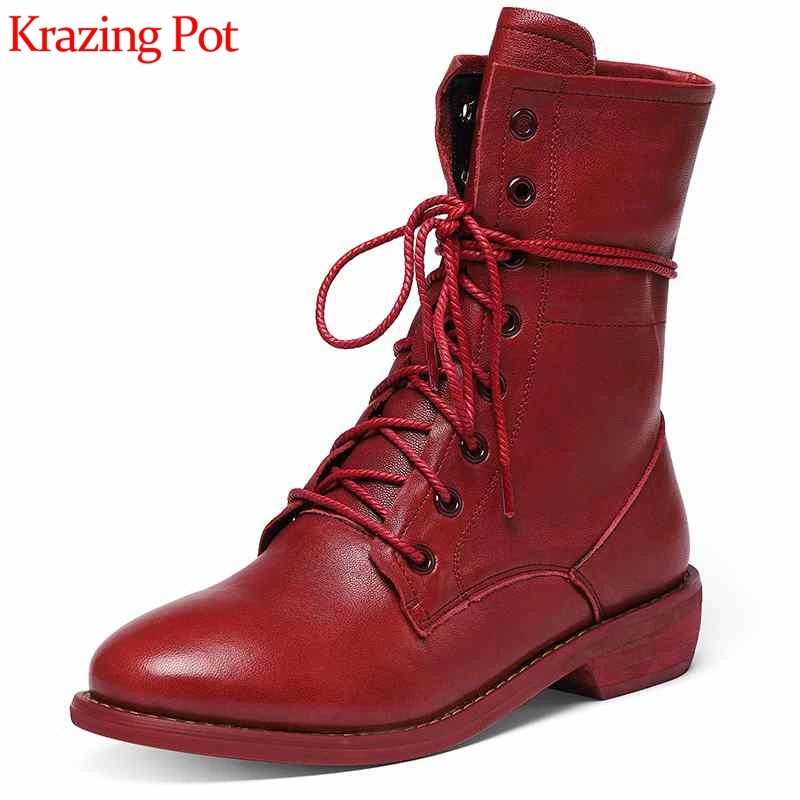 

Krazing pot soft cow leather round toe low heels mid-calf boots cozy runway lace up gladiator metal rivets western boots l0f1