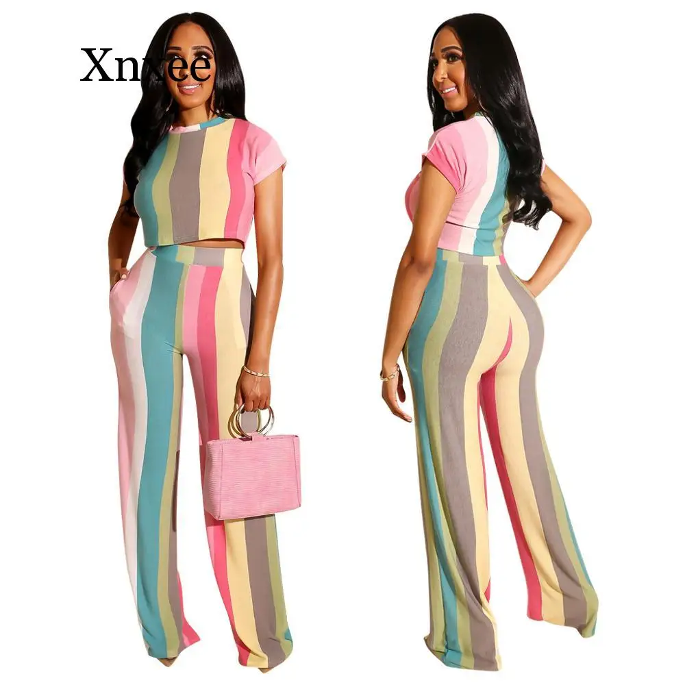 

Color Striped Two Piece Set Women o-neck Short Sleeve T-Shirt Crop Top + Wide Leg Pants Outfits Summer Casual Sports Tracksuits