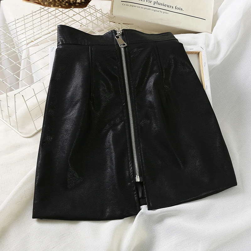 Кожаная юбка Новая Коричневая и черная юбка на молнии с завышенной талией с двойными карманами супер высокого качества мини-юбки женские