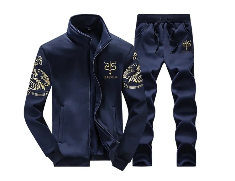 Мужской зимний шерстяной спортивный костюм, спортивная одежда, повседневная брендовая мужская теплая верхняя одежда для отдыха, пальто, спортивные костюмы, комплекты из 2 предметов, куртки+ штаны для мужчин - Цвет: Dark Blue D38