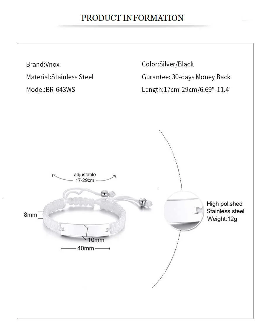 Vnox Männer Armbänder mit Personalized Name Datum Initial Zitieren Gravur Länge Einstellbare Seil Schnur Unisex Schmuck – Detail 8
