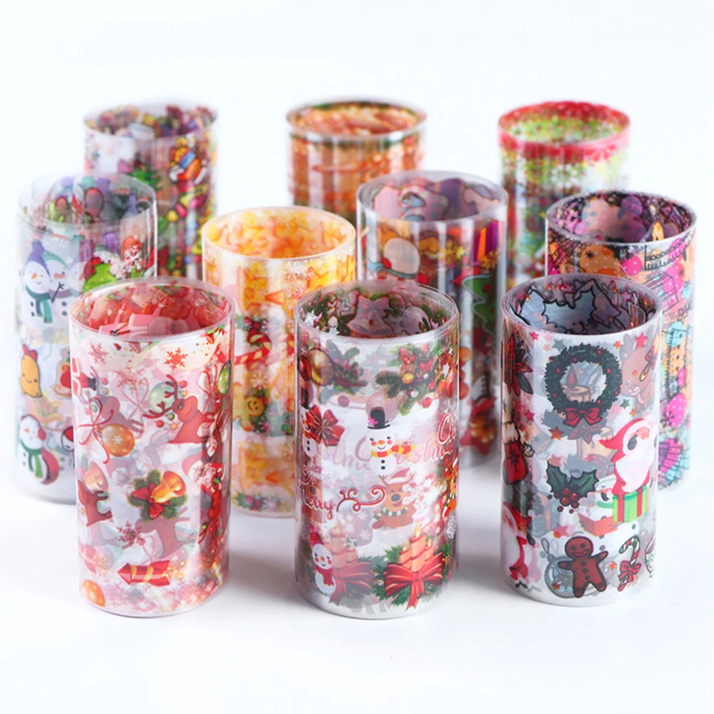 10pcs Christmas Decorations for Nails Mix Colorful Transfer Nail Foil Sticker Snow Flower Elk Gift Santa Adhesive Paper