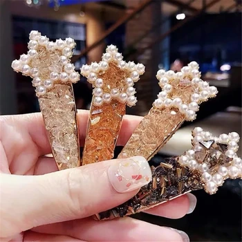 

2019 Fashion Women Pearl Hair Clips Snap Barrette Stick Crystal Hairpins Hair Accessories Headdress Gift