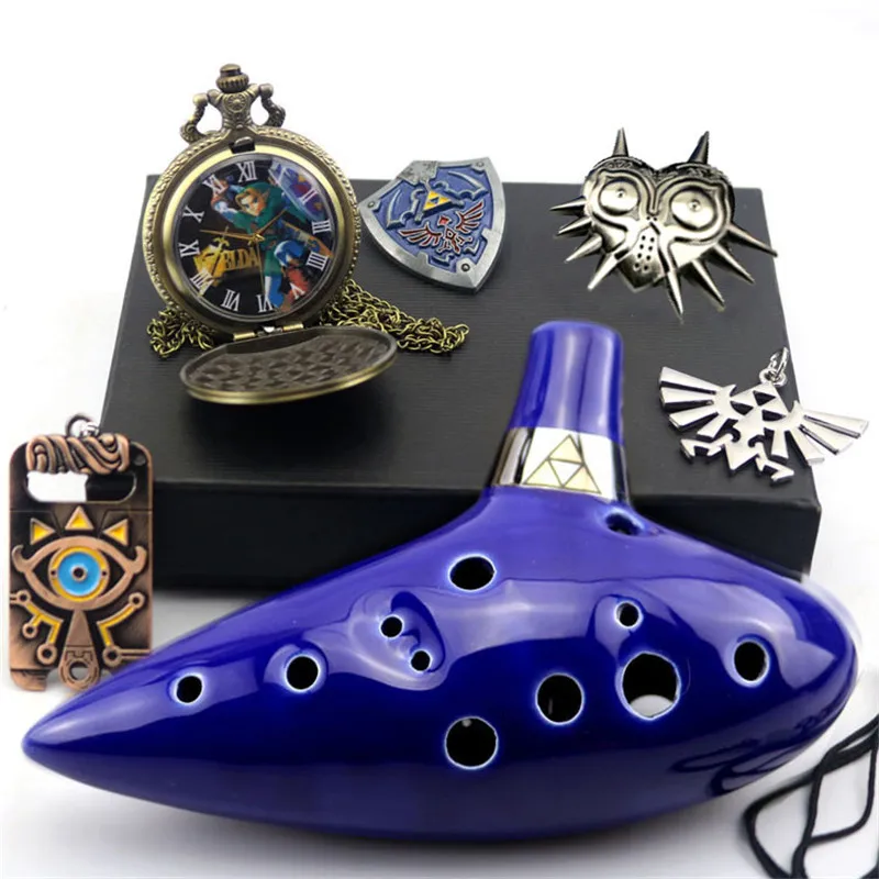 

6pcs/set Anime The Legend of Zelda Ocarina Cosplay Necklace 12 Hole Flute Blue Ocarina Inspired of Time Musical Instrument Props