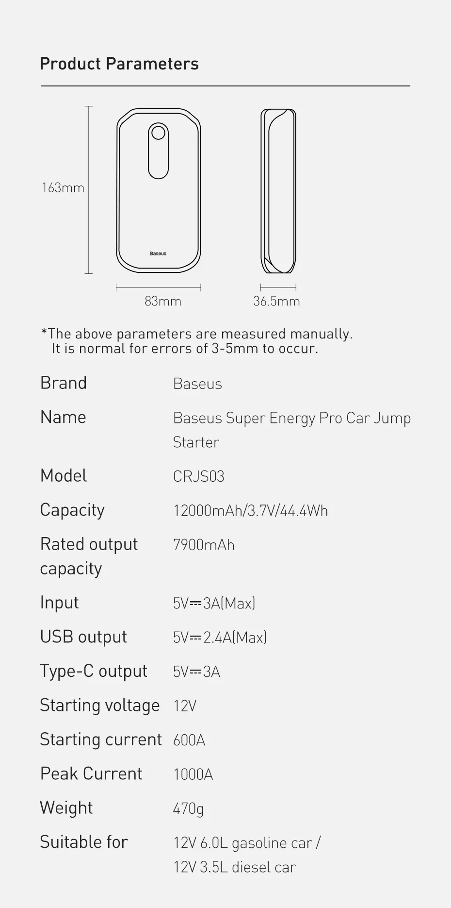 Baseus Car Jump Starter 12000mAh Portable Auto Power Bank Battery 1000A Car Booster Battery Emergency Starter Battery for Car smart power bank