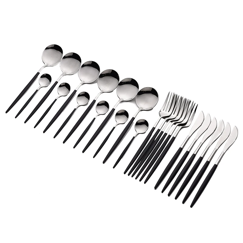 

Kitchen Stainless Steel Cutlery Black Tableware Forks Knives Spoons Complete Dinnerware Set Silverware Reusable Cutlery 24 Pcs