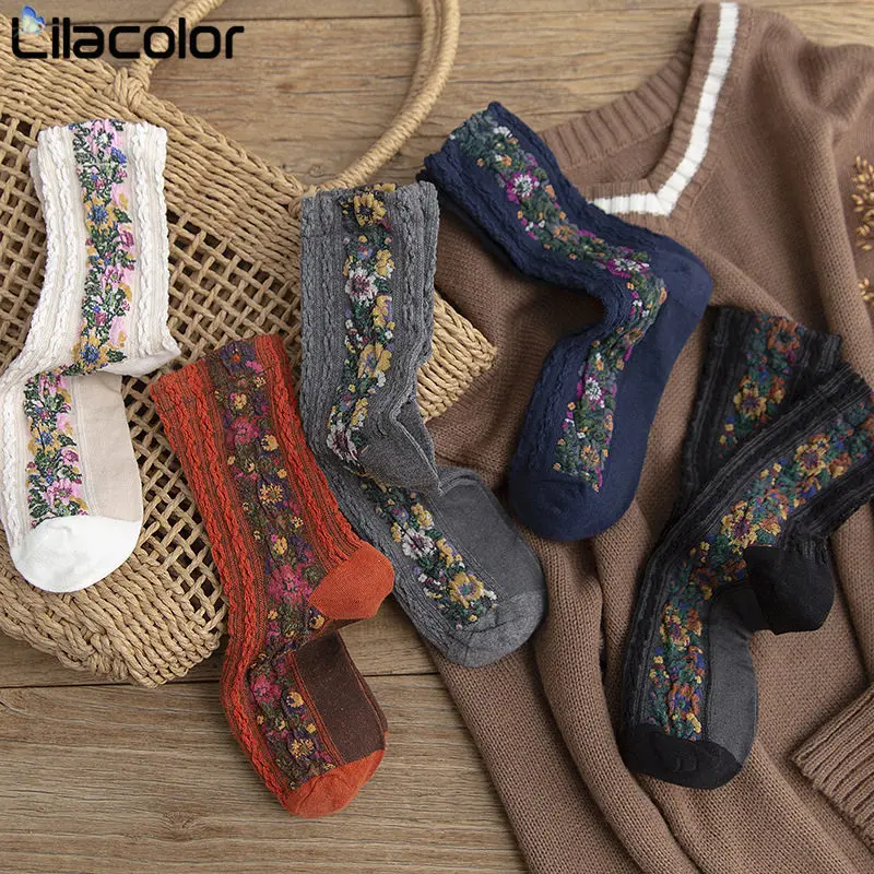 

Vintage Women Cotton Sock Autumn Winter Floral Print Female Midi Sock Lady Girls Fashion Sock