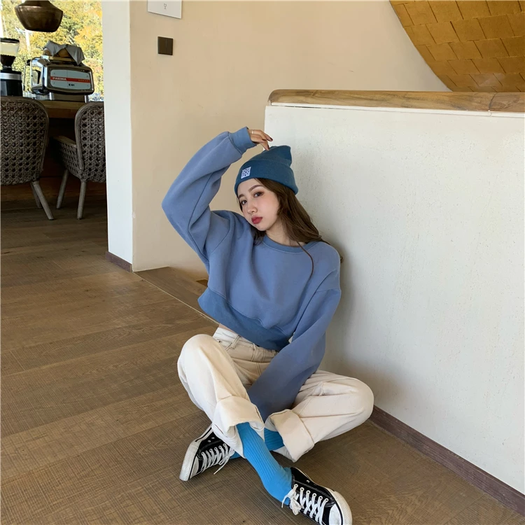 o neck blue 5 цветов, осенний и зимний корейский стиль, однотонный пуловер с длинным рукавом, женские короткие толстовки, женские толстовки(R99953 - Цвет: o neck blue