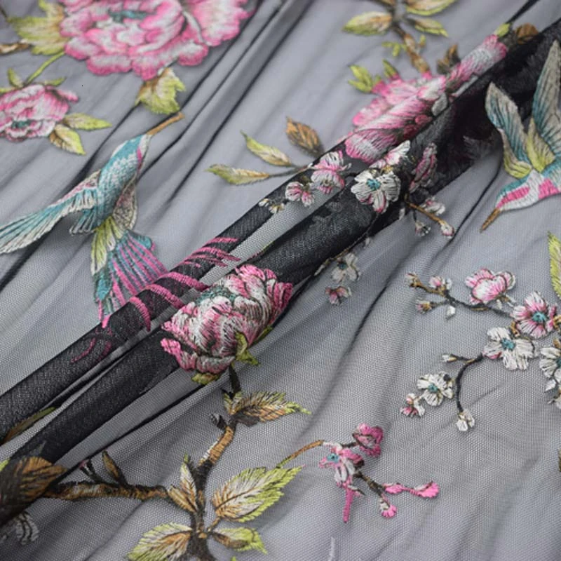 Black bottom birds mesh embroidery lace fabric for dress bazin riche getzner tissu telas por metro 5