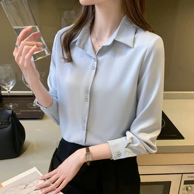 Women's Silk Shirts V-neck Solid Laides Tops Womens 2021 Fall Fashion Satin Long Sleeve Blouses Button Up White OL Vintage Top Light blue