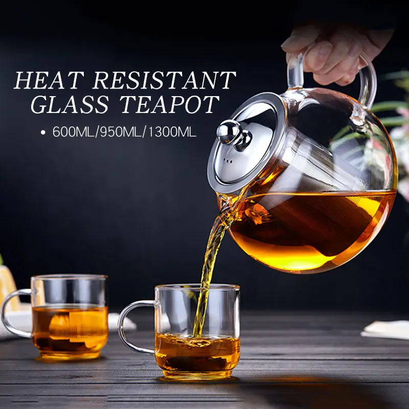 600ml 600/950/1300 мл Стекло Нержавеющая сталь Чай горшок с фильтром Infuser крышкой термостойкие Чай чайник Офис Чай набор посуды - Цвет: 600ml