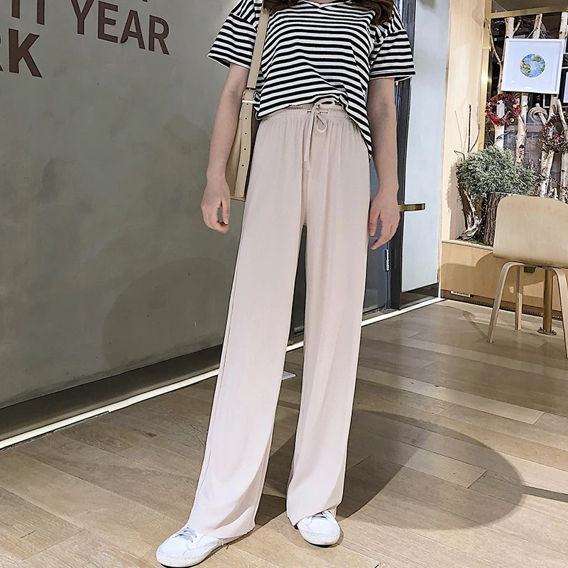 

Wide Leg Pants For Women Pure Korean Style Loose Leisure High Waists Female Pantalon Long Trousers Lace-up Streetwear Fall