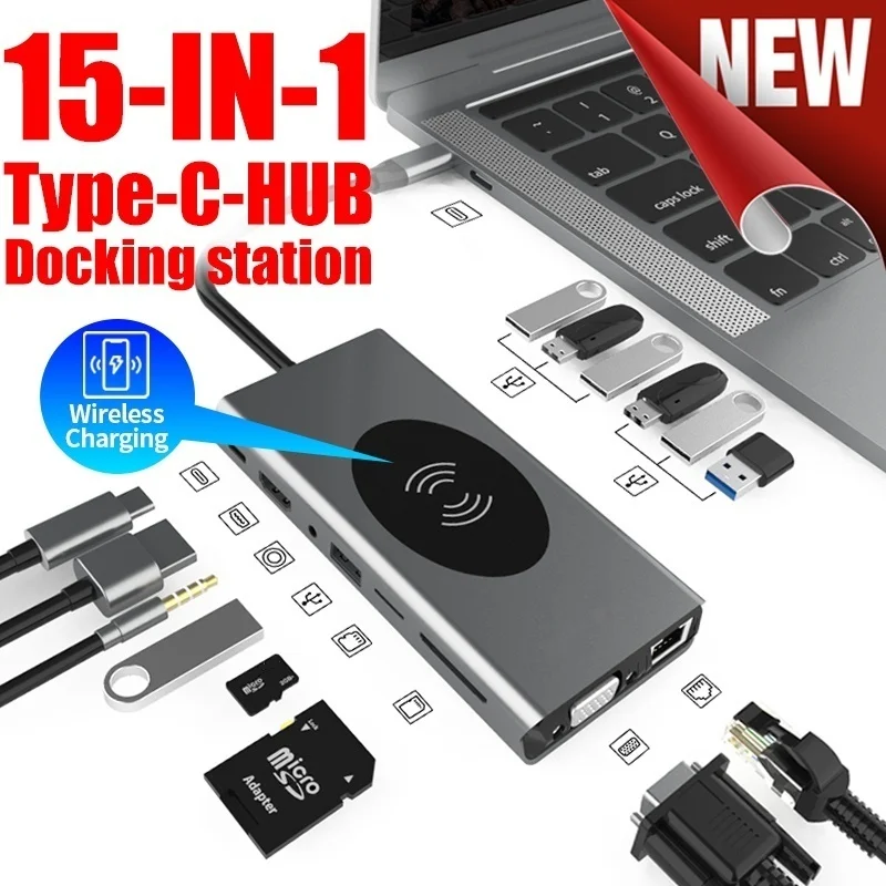 

15 in 1 USB Type C HUB With HDMI RJ45 Wireless Charge SD Card Reader USB-C Hub Type-C Plitter For Macbook Pro Laptop Accessories