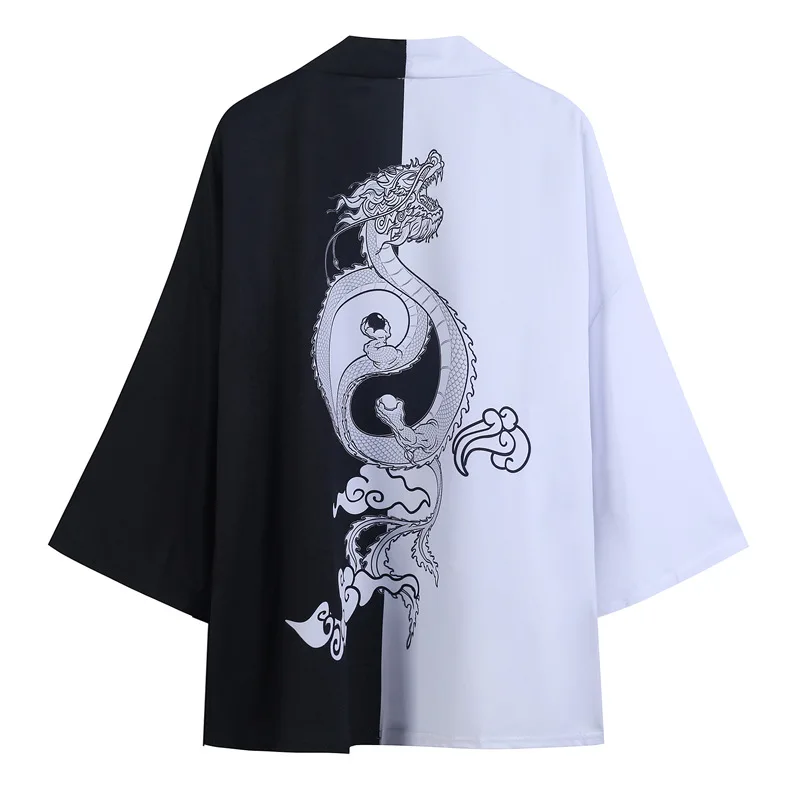 Dragon Printed Black White Men Obi Male Yukata Kimono Cardigan Men's Haori Samurai Traditional Japanese Clothing