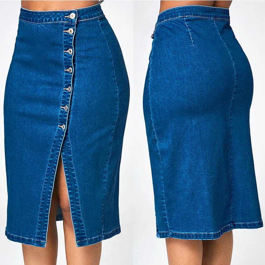 Solid Buttons Denim Skirts Women Casual Big Size Slim Mid-Calf Summer Skirt Ladies Fashion Wild Simple Jean Skirts New