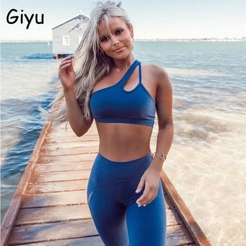 

Giyu sexy gym sports two piece set 0ne shoulder crop top pants sets 2020 summer mesh 2 piece set women casual bodycon tracksuit
